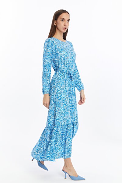 CNR TEKSTİL Women's Blue Paisley Pattern Long Pleated Dress