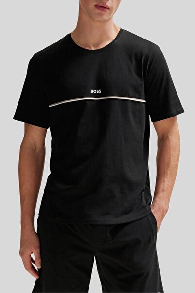 BOSS Şeritli Streç Regular Fit Erkek T-shirt Siyah
