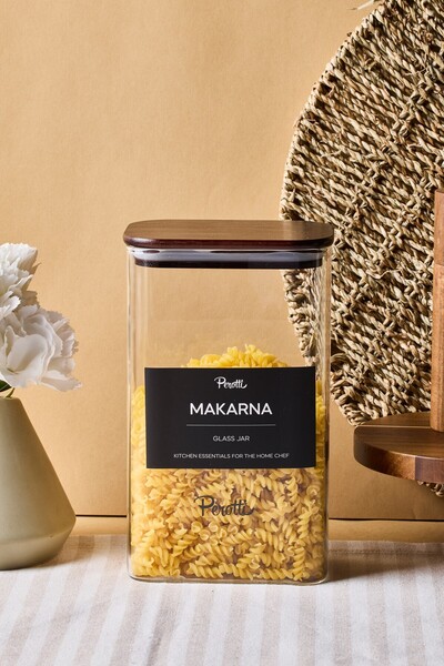 Perotti Peyton Akasya Kapak Borosilikat Dikdörtgen Cam Kavanoz 1500 ml 8x12x20 cm 4 Adet Etiketli