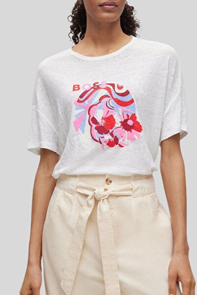 BOSS Regular Fit Kadın Baskılı T-shirt Beyaz