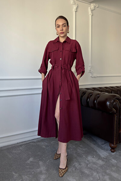 MAGARDE فستان كتان برباط بجيب مزدوج - أحمر كلاريت