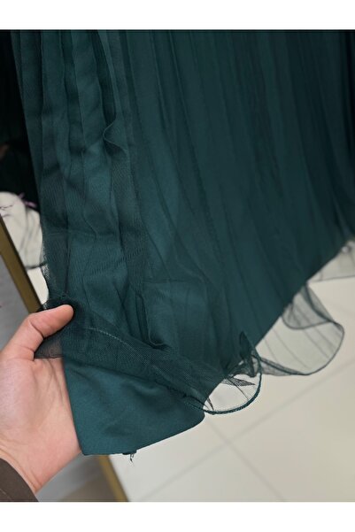 Ebrar Store Zümra Pleated Tulle Flounce Skirt-Mt2587 Emerald Green