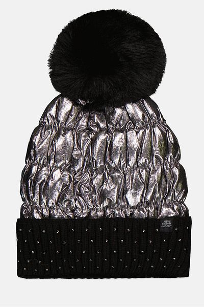 Justin Gregory Women Studded Puffer Beanie With Pom, Black
