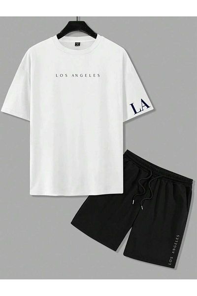 MODASHOT Men's Unisex T-Shirt and Shorts Set - Cotton - Los Angeles Printed Tshirt - Oversize