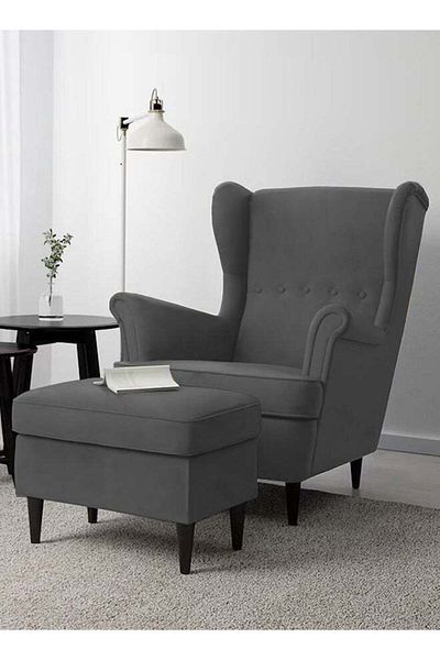 House One 2 Pieces | Chair king Velvet with Two Wings And FootStool - Dark Gray