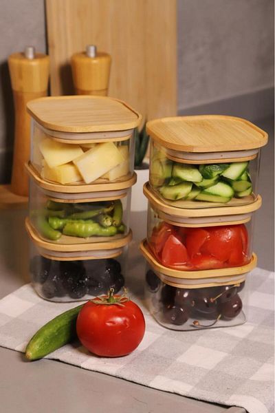 Atbyhome Duo 400ml 6-Piece Bamboo Vacuum Lid Glass Breakfast Set