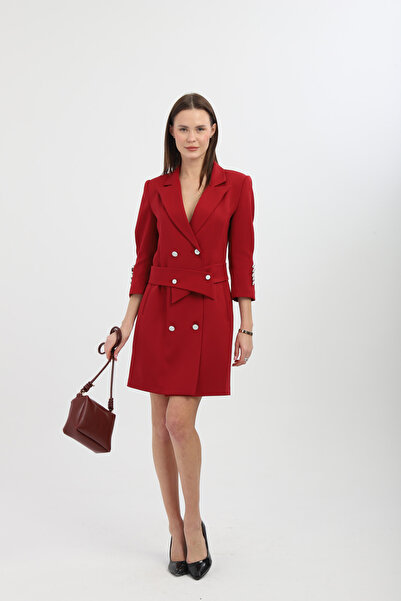 Milamia cu două rânduri de nasturi Jachetă lungă burgundă cu centură detașabilă