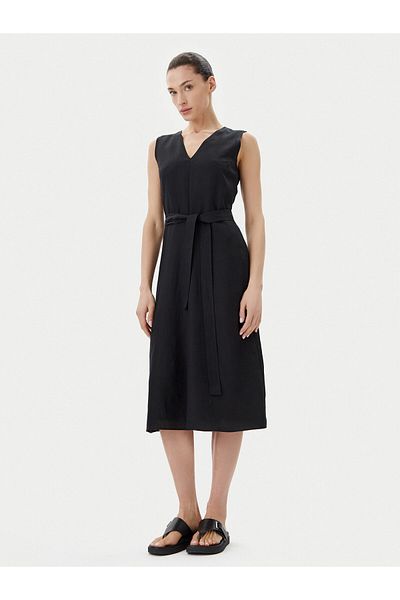 Calvin Klein Women's Above Knee V Neck Sleeveless Waist Belt Tie Black Dress K20K 208424 -Beh