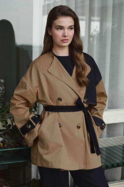 Hooopstore Denim Detaylı Kruvaze Camel Trençkot