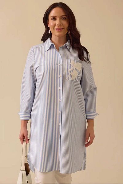 Galaxie Μπλε Plus Size Ριγέ Κέντημα-λεπτομέρεια Τουνίκ για γυναίκες