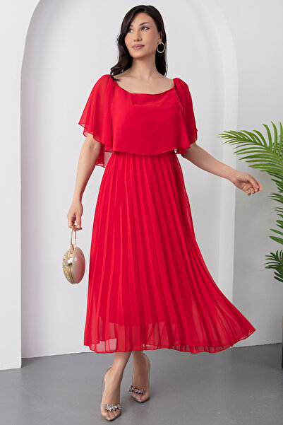 PULLIMM Madonna Yaka Eteği Pliseli Şifon Elbise 2025-4102