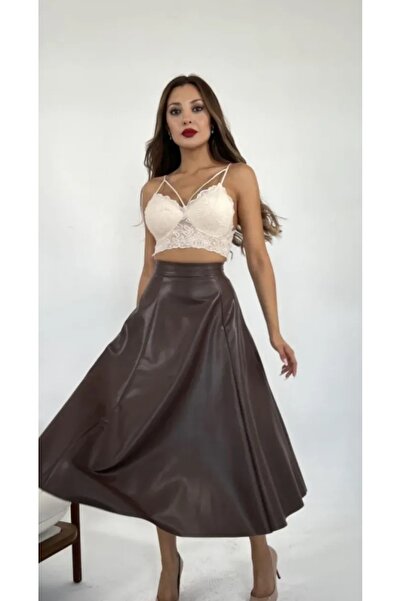 MODA Hakiki deri kızıl kahve balonlu deri etek