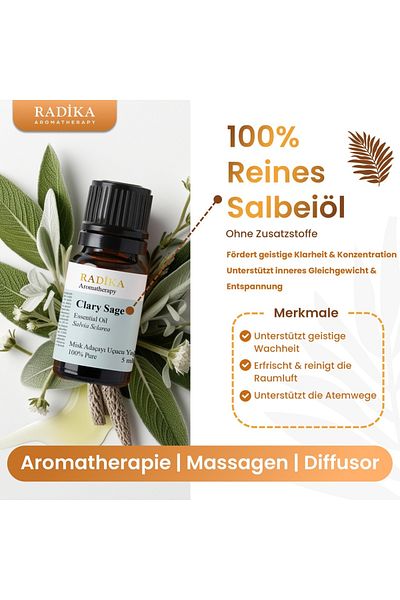 Radika Aromatherapy Salbeiöl, ätherisches Öl, 100% Rein, BIO, natürlich, 10 ml