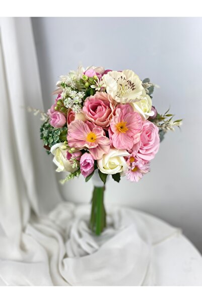 Buketlife Pembe mine çiçekli büyük boy gelin çiçeği gelin buketi ve yaka çiçeği