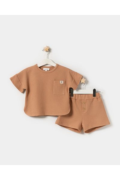 Minipodyum Oversize Pocket T-Shirt Shorts Unisex Waffle Kids Summer Double Set