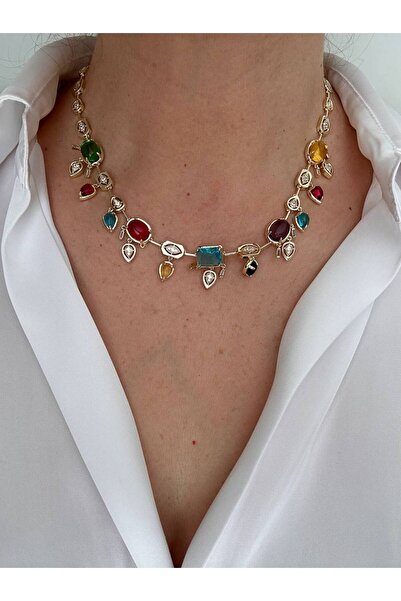 Esmeray Aksesuar Vip Çelik Gold Renk Zirkon Renkli Taşlı Özel Tasarım Kolye U...