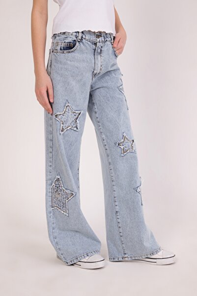 DMB BOYS & GIRLS Çaren Kids- Pantaloni de denim pentru fete cu picior largi, cu paiete, cu detalii de stea