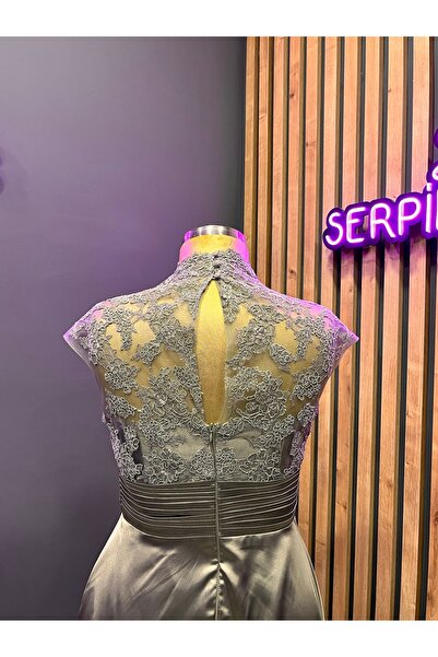 serpildinc Güpür Detaylı Saten büyük beden  Abiye Elbise