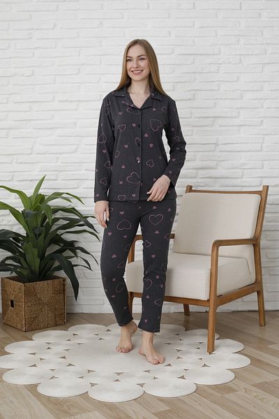 FAMES PİJAMA Uzunkol Buttoned Combed Cotton Pajama Set with Hearts