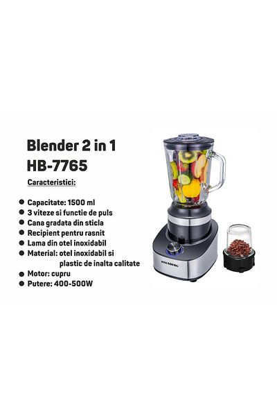 Hausberg Blender 2 in 1 HAUSBERG HB-7765, 400-500W, 1.5 L, 3 viteze + Pulse, Negru-Inox
