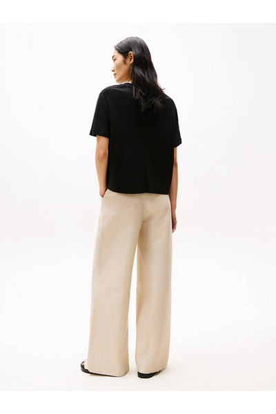 Tommy Hilfiger Women's Relaxed Fit Horizontal Line Patterned Round Neck Short Sleeve Black T-Shirt Ww0Ww46158-Bds