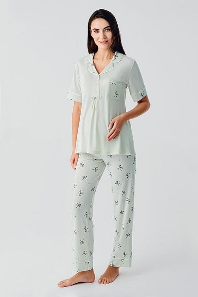 Artış Bow Patterned Buttoned Short Sleeve Stretchy Viscose Maternity Pajama Set