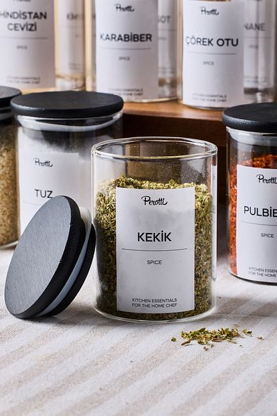 Perotti Riga 12 Li Black Wooden Lid Borosilicate Glass Spice Rack 200 ml 8X6 cm 30 Tags Gift