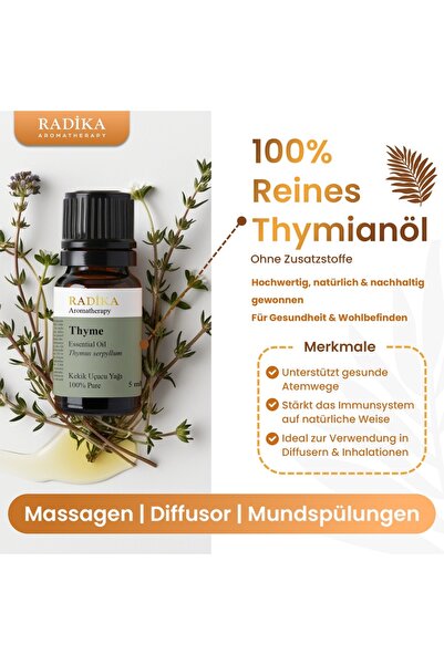 Radika Aromatherapy Thymianöl, Ätherisches Öl, 100% Rein, Bio, Natürlich, 10 ml