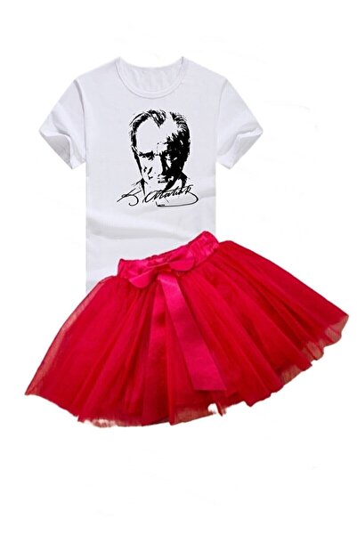 Nacar Kız Çocuk 23nisan 29ekim Gösteri Doğumgünü Kıyafeti Ayyıldız Kısa Kol Beyaz T-shırt Tütü Etek Takım