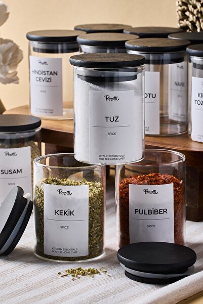Perotti Riga 12-Piece Black Wooden Lid Borosilicate Glass Spice Jar 200 ml 8X6 cm with 30 Labels Gift