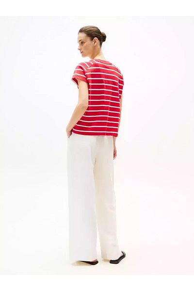 Tommy Hilfiger Women's Cotton Comfortable No Sleeves Red T-Shirt Round Neck Horizontal Line Pattern