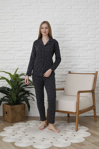 FAMES PİJAMA Uzunkol Buttoned Combed Cotton Pajama Set with Hearts