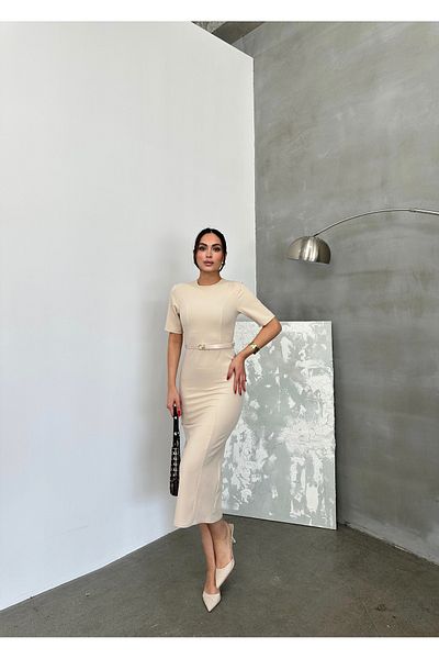 maf collection Γυναικείο βραδινό φόρεμα με κοντό μανίκι με λεπτομέρεια μπεζ λαιμόκοψη