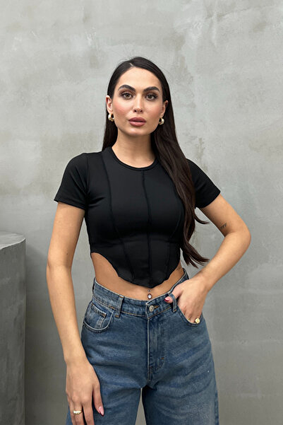 msm fashion Γυναικείο Crop T-Shirt με κοντό μανίκι με λαιμόκοψη με λεπτομέρει...