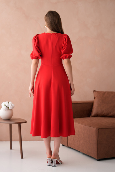 vuvutasarım Red Atlas Fabric Round Neck Princess Sleeve Detail Midi Dress 220