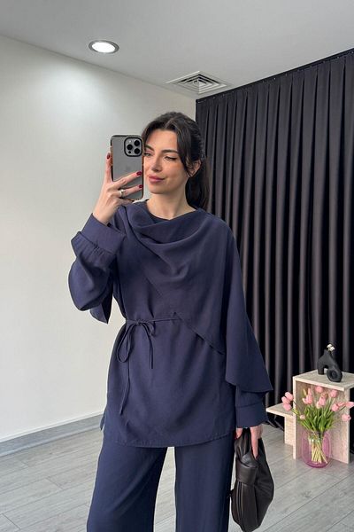 ECEMİ Shawl Collar Navy Blue Blouse Trousers Set