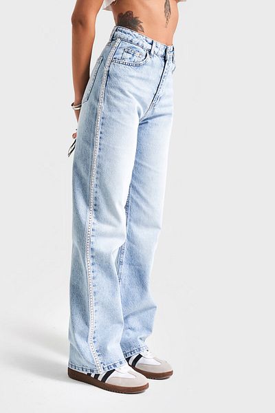 its basic Blugi de damă Ice Denim Color D-4S5-3 Straight Fit 100% bumbac dantelă laterală cu dungi Design detaliat Blugi din denim