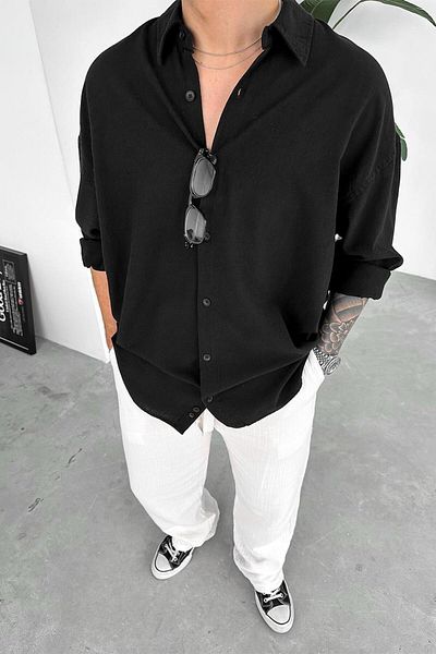 HAFKAGİYİM Μαύρο Old Money Basic Λινό Πουκάμισο Oversize