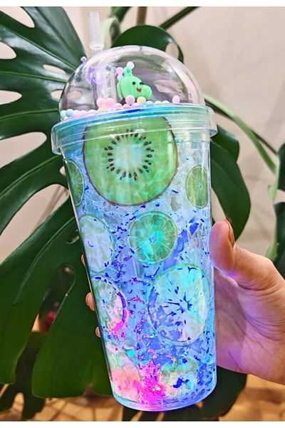 Lexi Bella Straw Drinker Frosted Glass with Led Light Tropical Lemon Kiwi 450ml, Double Layer Mica Drinker 2768