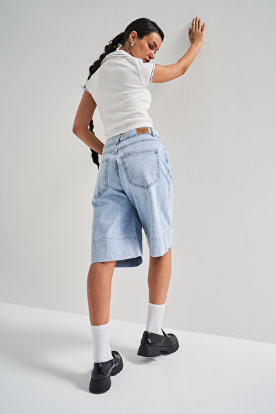 its basic Kadın Snow Kot Rengi 3S5-3 Maxi Boy Baggy %100 Koton Denim Şort