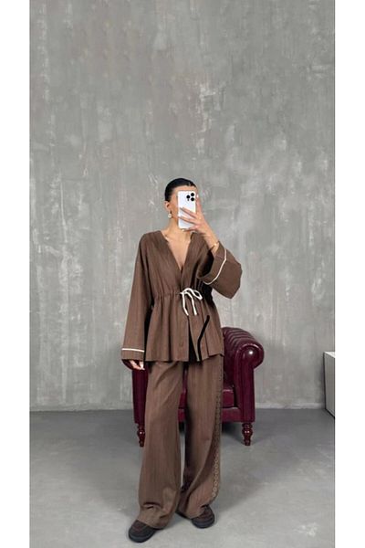 My Blog Brown 100% Cotton Sleeve Shirt Side Lace Detailed Trouser Suit - 7493 - 3749