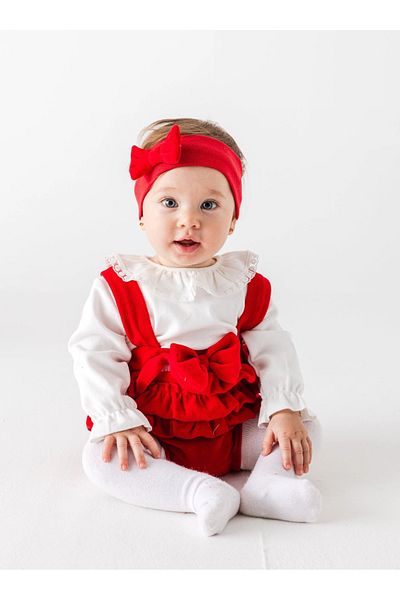 andywawa Baby Girl Red Velvet Frill Jumpsuit Bandana and Booties Set