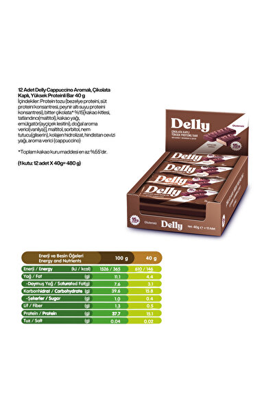 Delly 12 Adet Çikolata Kaplı, Yüksek Proteinli Bar, Cappuccino Aromalı, 40g