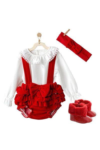 andywawa Baby Girl Red Velvet Frill Jumpsuit Bandana and Booties Set