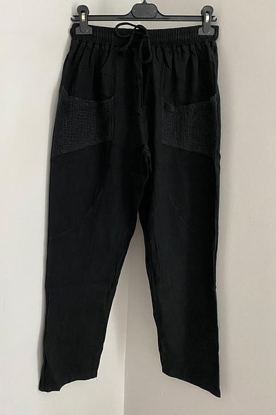 AYASOFYA OTANTIK Women's Black Elastic Waist Lace up Mesh Pocket Carrot Linen Trousers