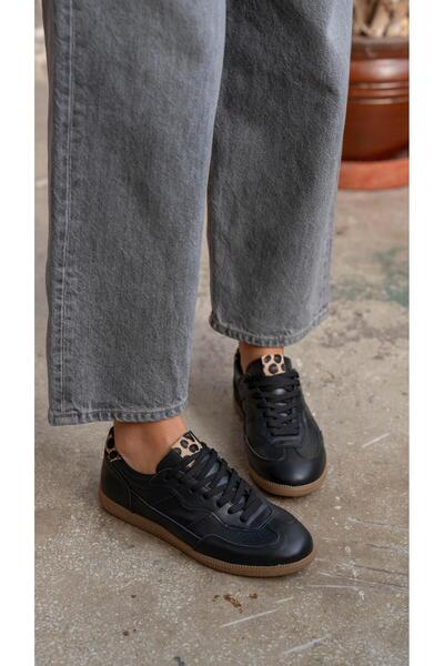 ECENİN BUTİĞİ Solomon Siyah-Leopar Hakiki Deri Kadın Spor Ayakkabı