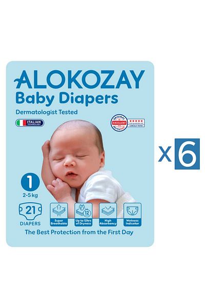 Alokozay Premium Baby Diapers - Size 1 (2-5 Kg) - 21 Diapers X Pack of 6