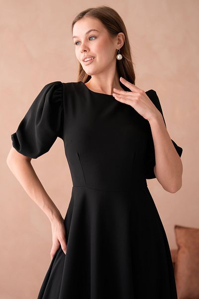 vuvutasarım Rochie midi cu mâneci prințesă, țesătură Atlas neagră, decolteu rotund, 220