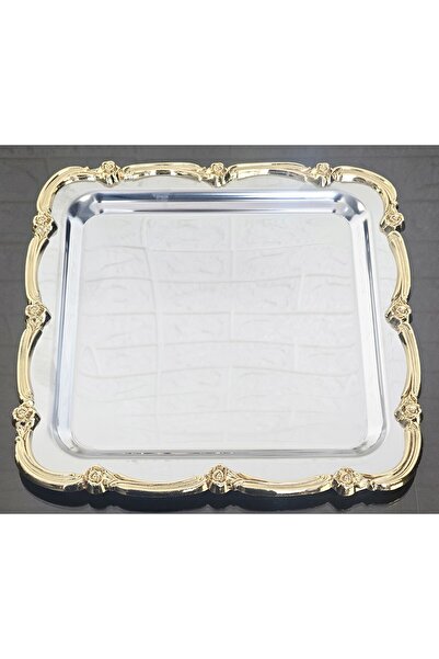 atabey home collection 2 Pcs Presentation Tray & Coffee & Tea Tray - Silver Tray Cast Gold Rose Framed