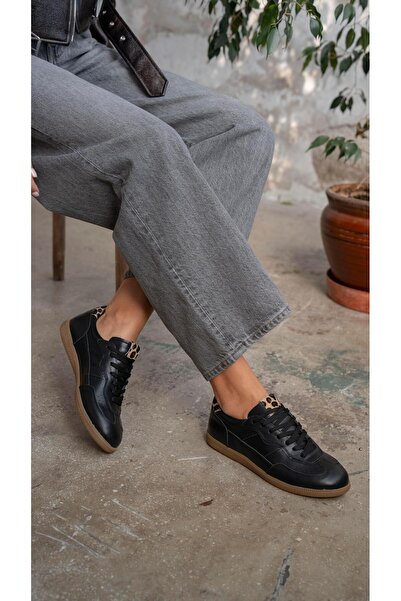 ECENİN BUTİĞİ Solomon Siyah-Leopar Hakiki Deri Kadın Spor Ayakkabı